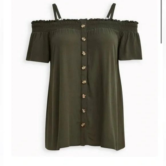 Torrid Smocked Cold-Shoulder Olive Green Rayon Blouse Size 1X - Picture 2 of 7